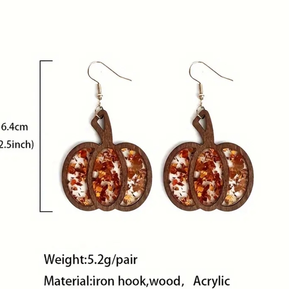 21. Wooden Pumpkin Drop Earrings with Acrylic Glitter Vintage & Minimalist Style - Picture 4 of 4